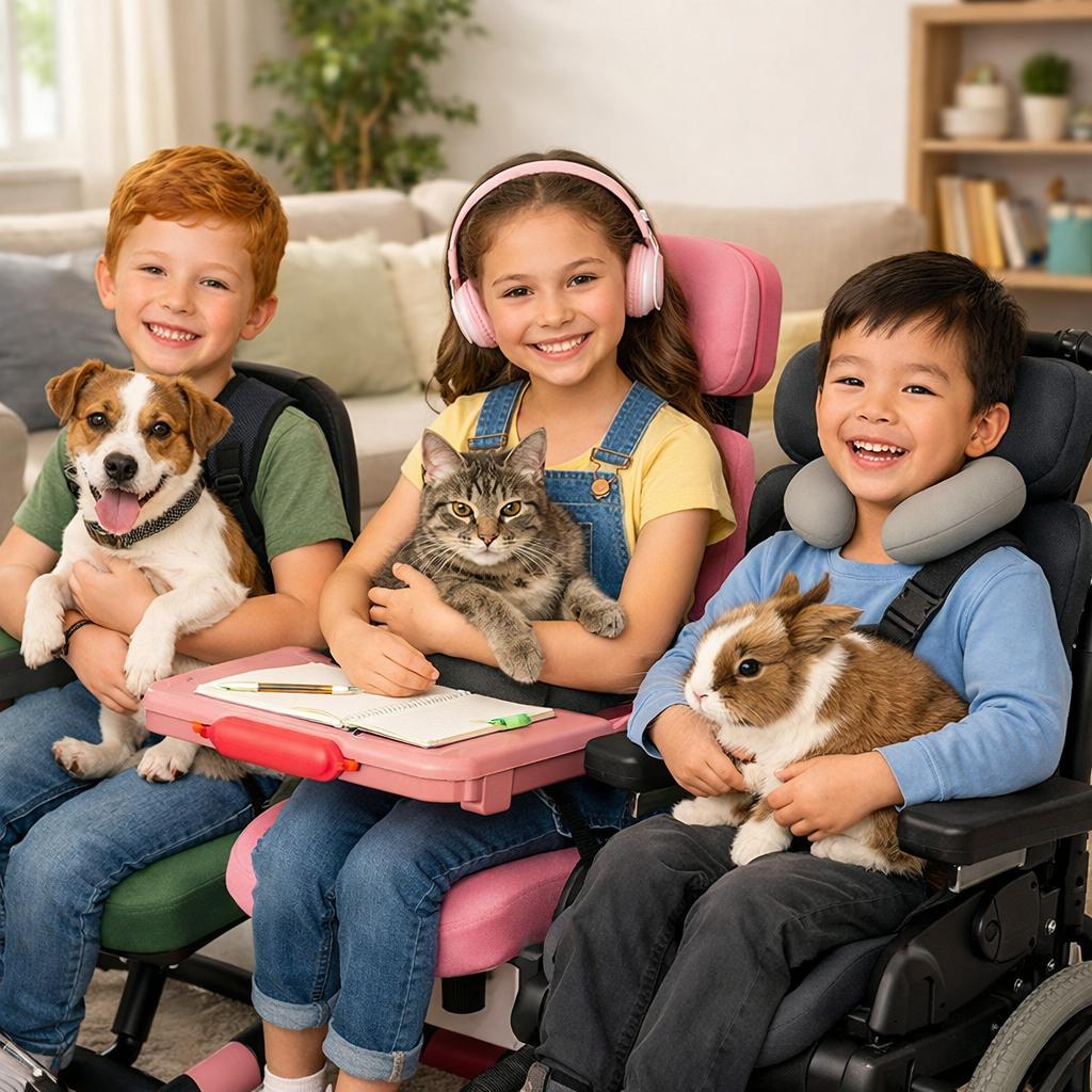 Three children in adaptive chairs holding a dog, a cat, and a rabbit