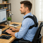 Man wearing a black posture corrector harness typing on a keyboard at a desk