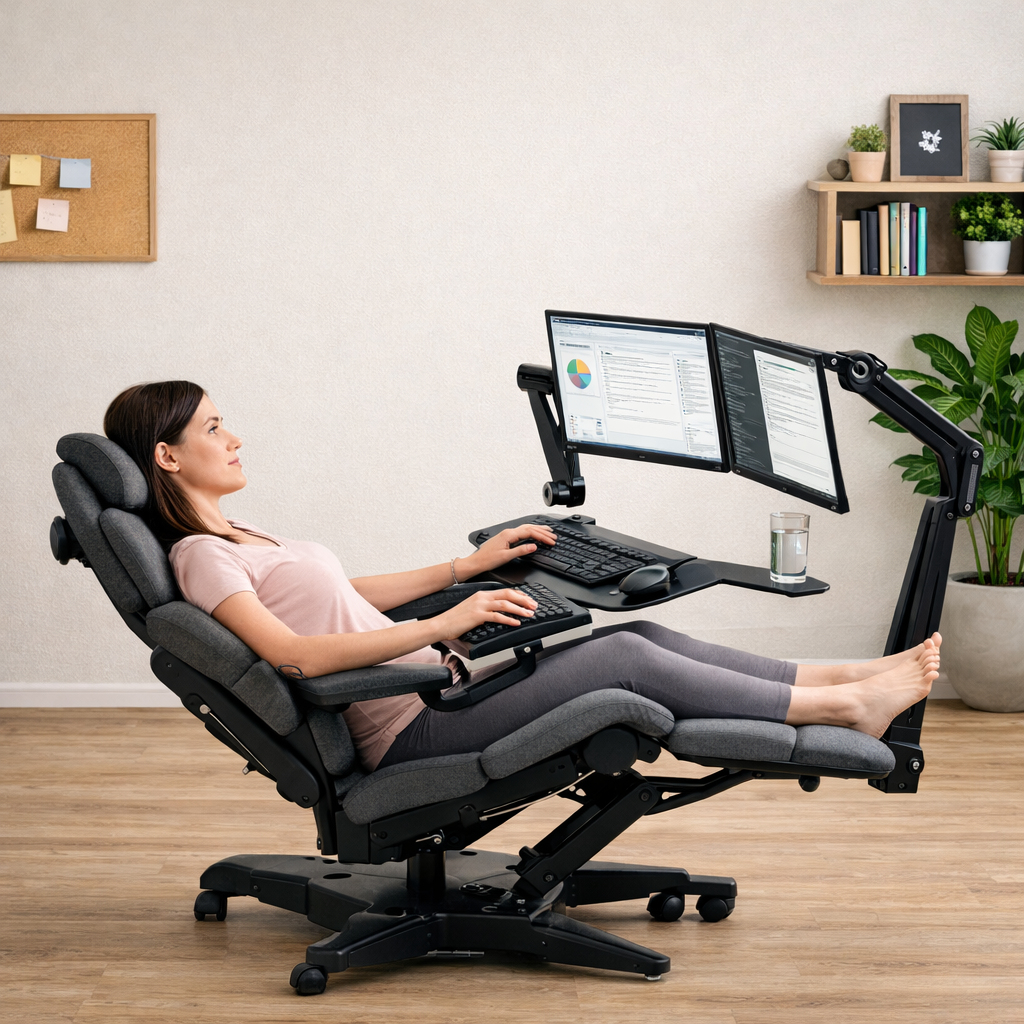 Diverse group using ergonomic adaptive desks and chairs in home office
