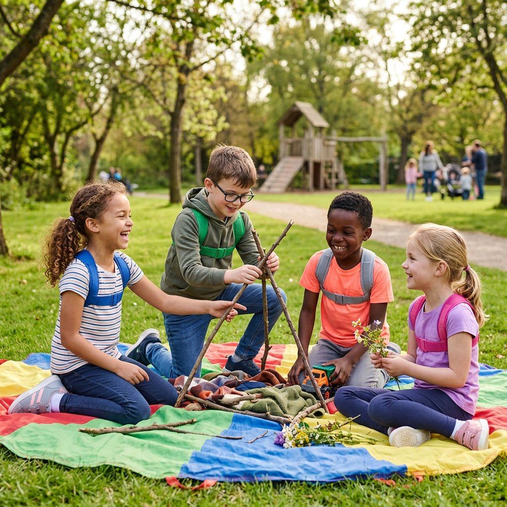 Four children sitting on a colorful blanket outdoors, building a structure with sticks and holding flowers and toys